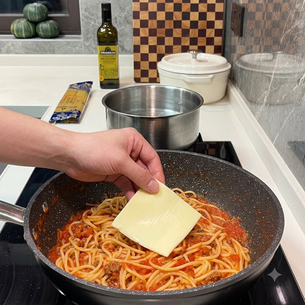 Plastry białego sera ułożone na spaghetti z sosem mięsnym na patelni.