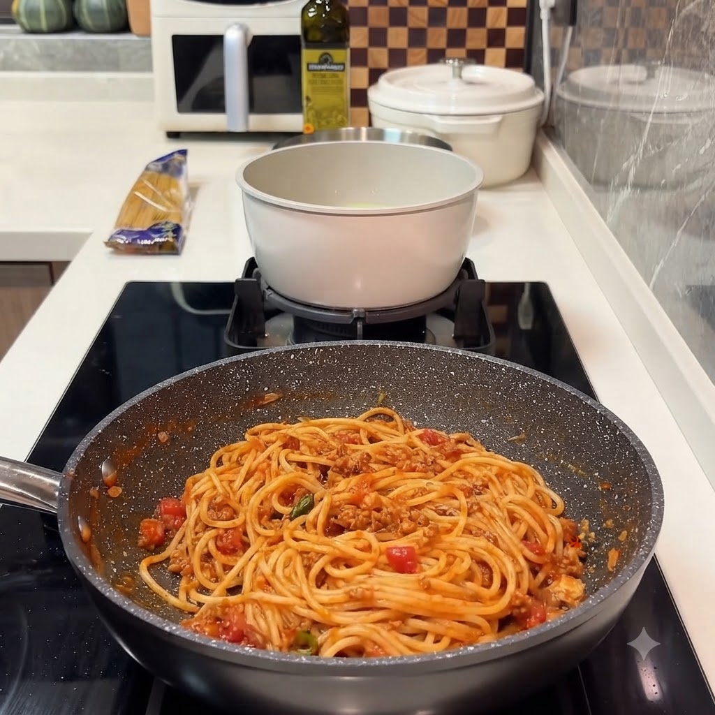 Gotowe danie ze spaghetti i roztopionym serem wmieszanym w bogaty sos na patelni.