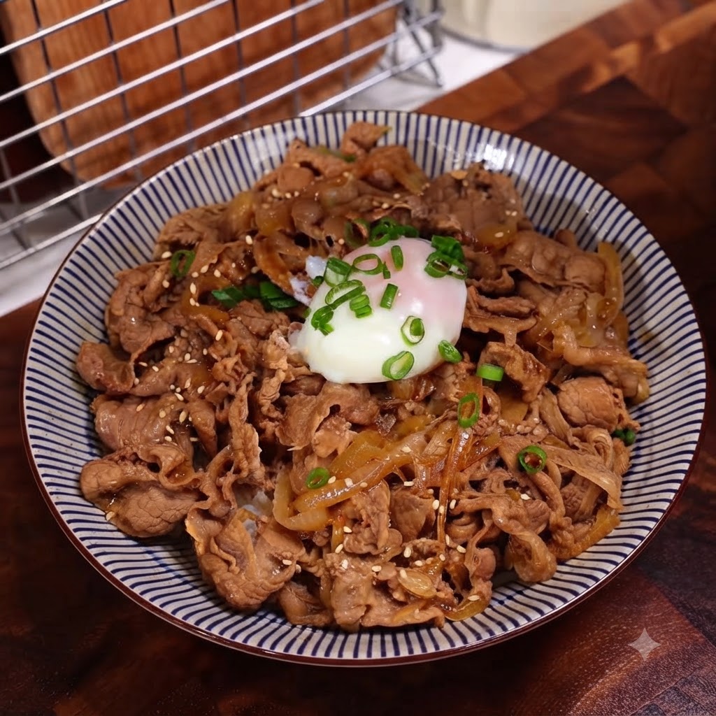 Białe nasiona sezamu i zielona cebulka posypane na gotowym donburi z wołowiną.