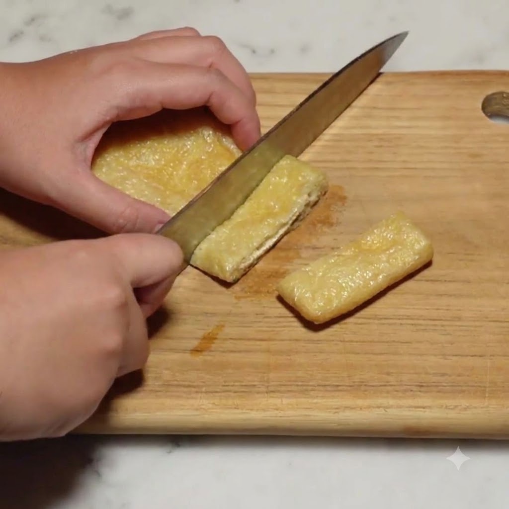 Kawałek smażonego tofu krojony na równe paski na drewnianej desce do krojenia.
