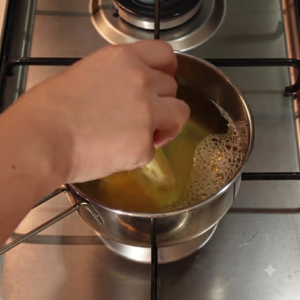 Pokrojone kawałki smażonego tofu gotujące się na wolnym ogniu w bulionie w metalowym garnku.