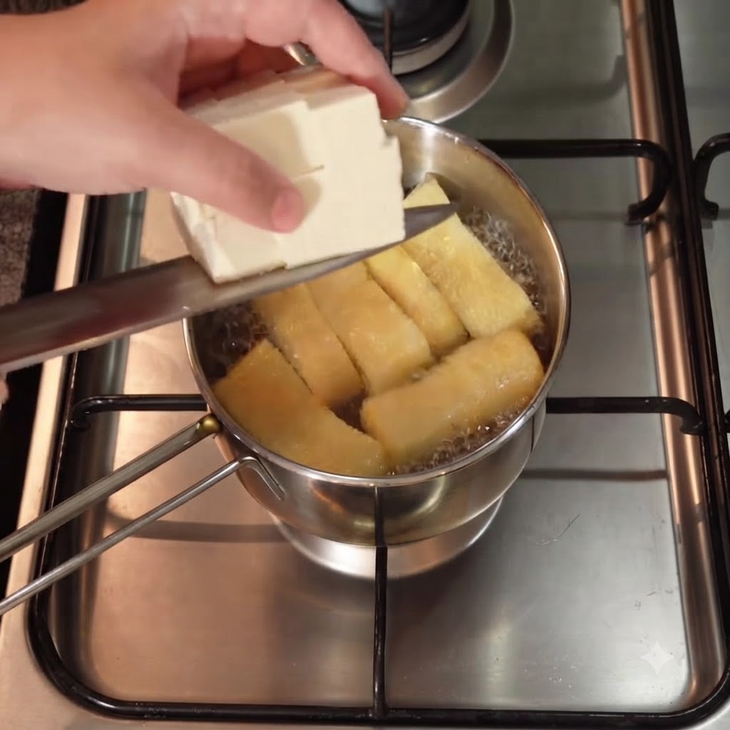 Kostki miękkiego tofu przekładane z noża do gotującego się na wolnym ogniu garnka z zupą.