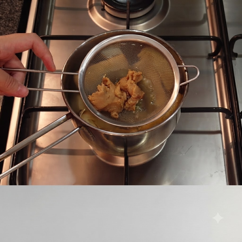 Pasta białego miso w metalowym sitku mieszana w gorącym bulionie zupy.