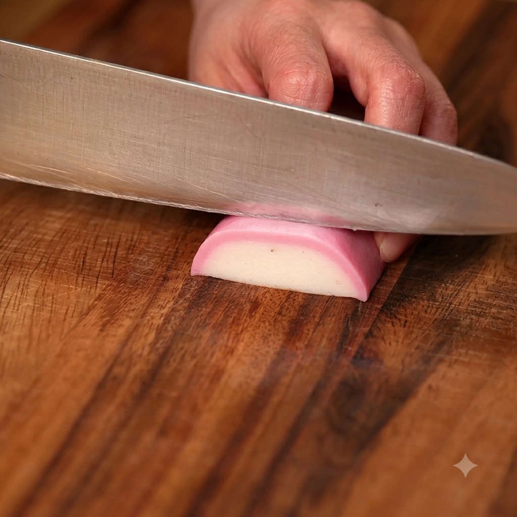 Ciastko rybne kamaboko krojone na drewnianej desce do krojenia.
