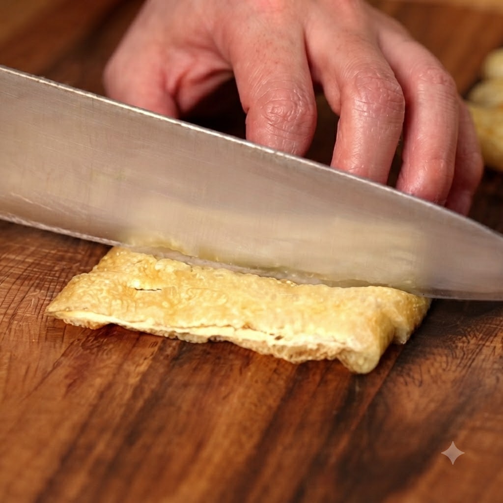 Smażone tofu aburaage krojone nożem na drewnianej desce.