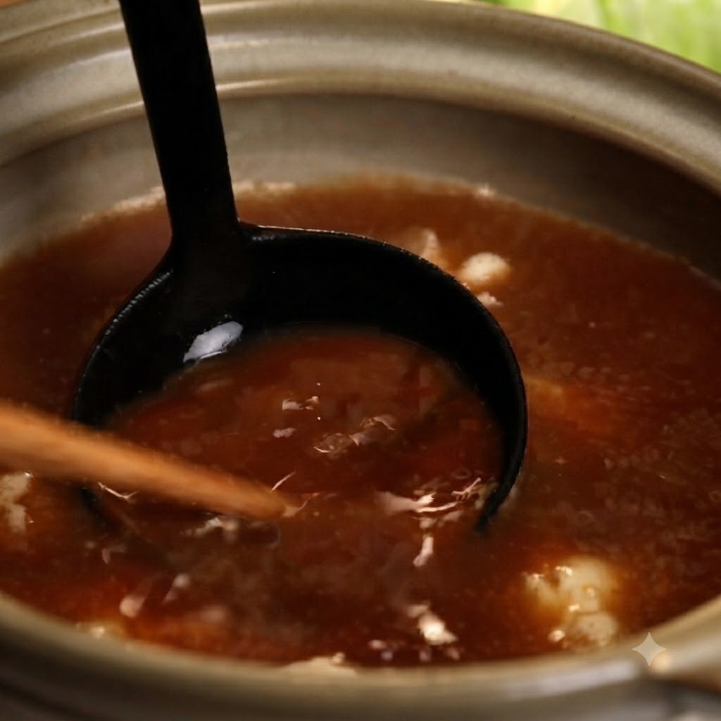 Makaron udon dodawany do duszącego się brązowego bulionu w garnku.
