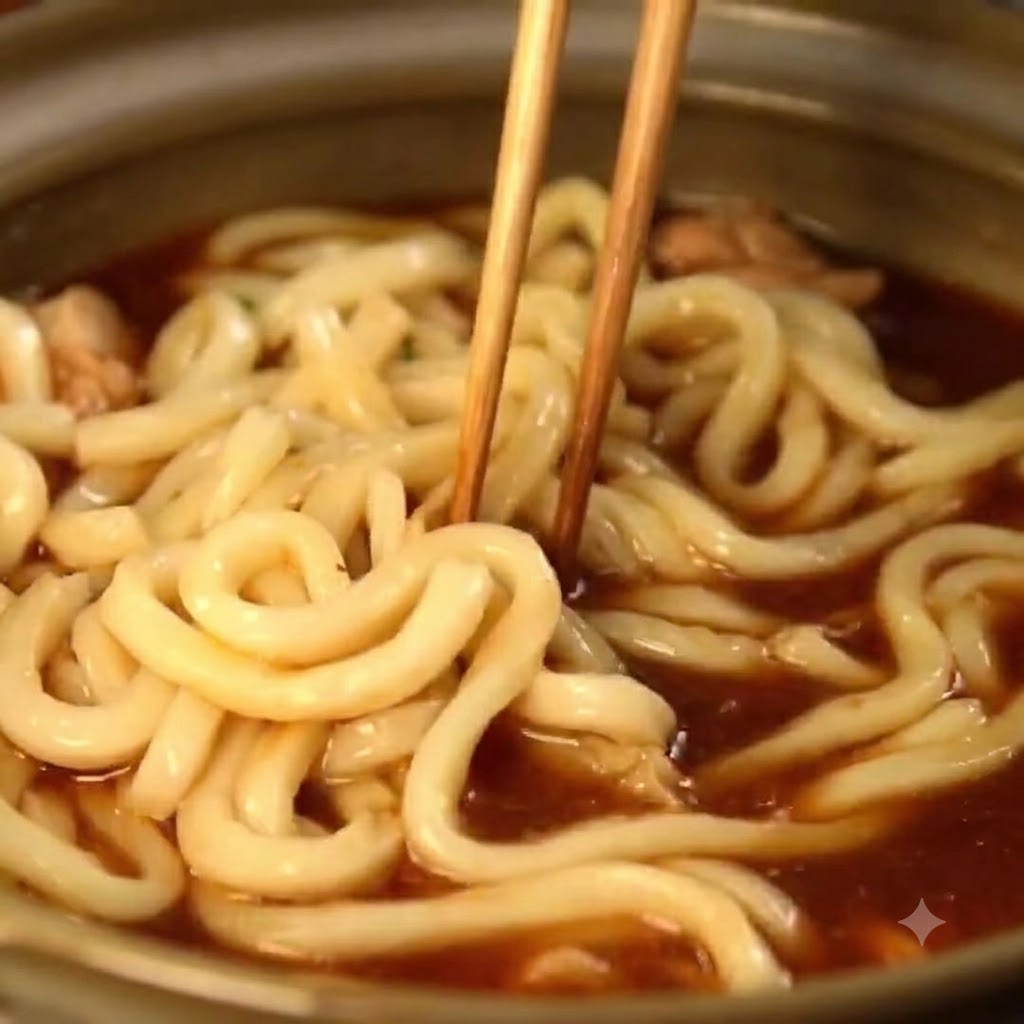 Zielona cebulka, smażone tofu i kamaboko układane na gotującym się makaronie udon.