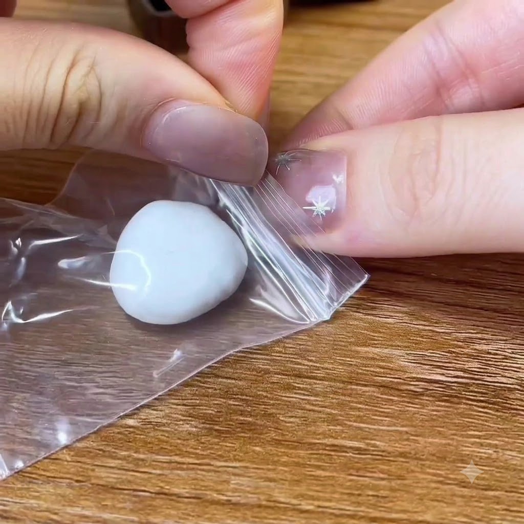 Ręce zagniatające kawałek białej gliny na przezroczystej plastikowej folii.