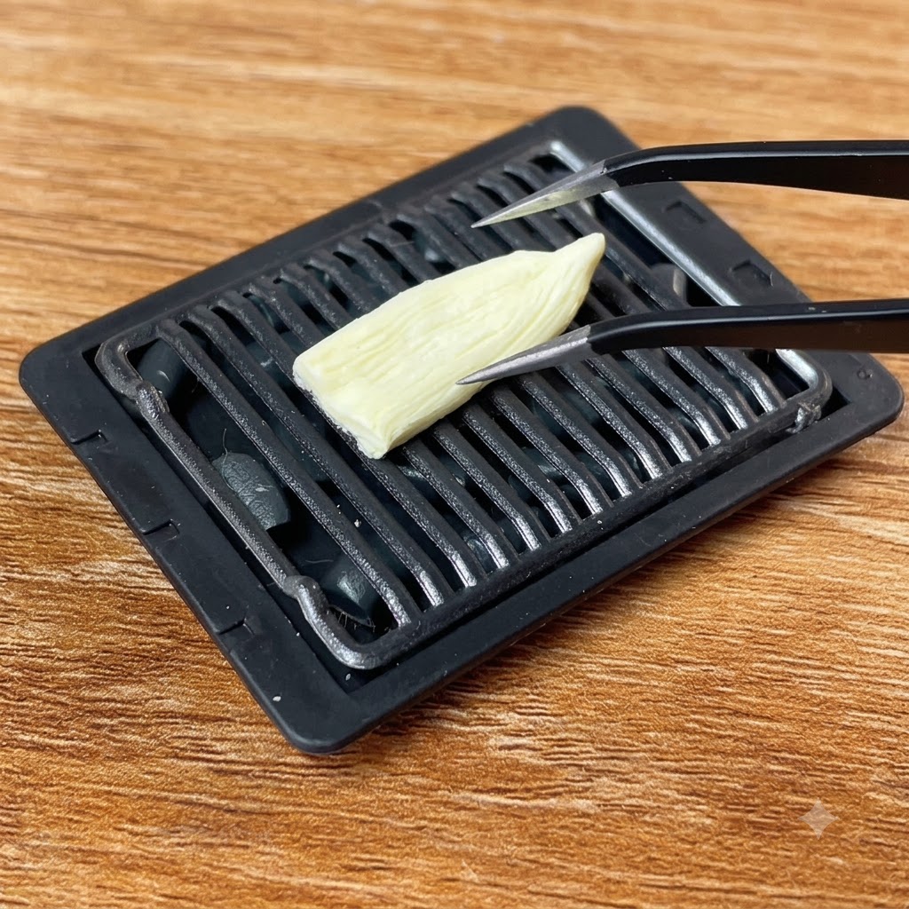 Uformowany kawałek węgorza trzymany pęsetą nad miniaturowym grillem.