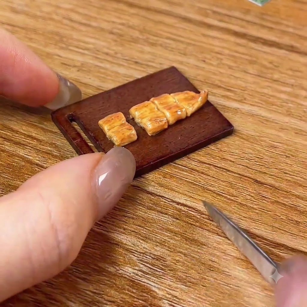 Miniature nóż krojący glazurowanego grillowanego węgorza na małe sekcje na drewnianej desce do krojenia.