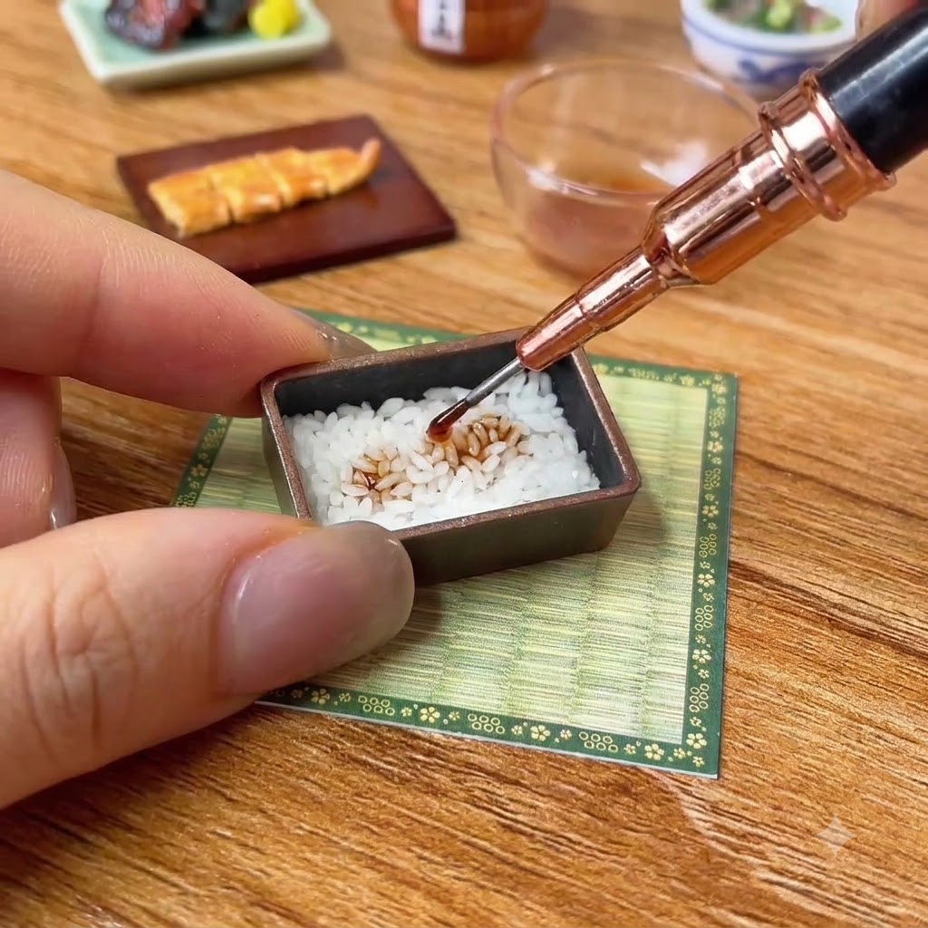 Pędzel nakładający sos na ugotowany biały ryż wewnątrz miniaturowego pudełka bento ustawionego na macie tatami.