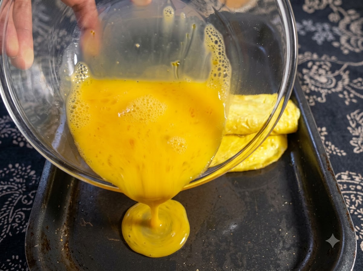 Świeża masa jajeczna wlewana do kwadratowej patelni obok gotowego zwiniętego omletu jajecznego.