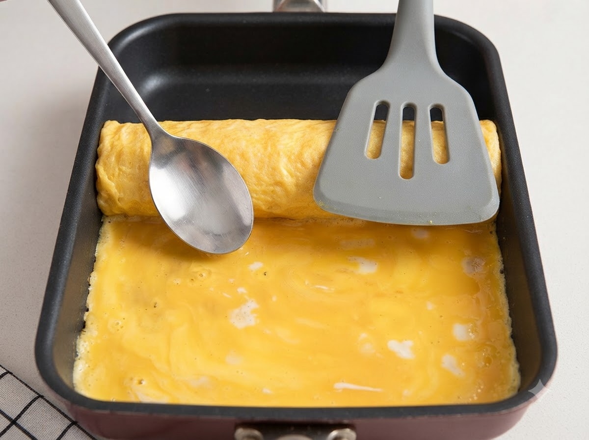 Gotowy zwinięty omlet jajeczny krojony na równe kawałki na ciemnej desce do krojenia.