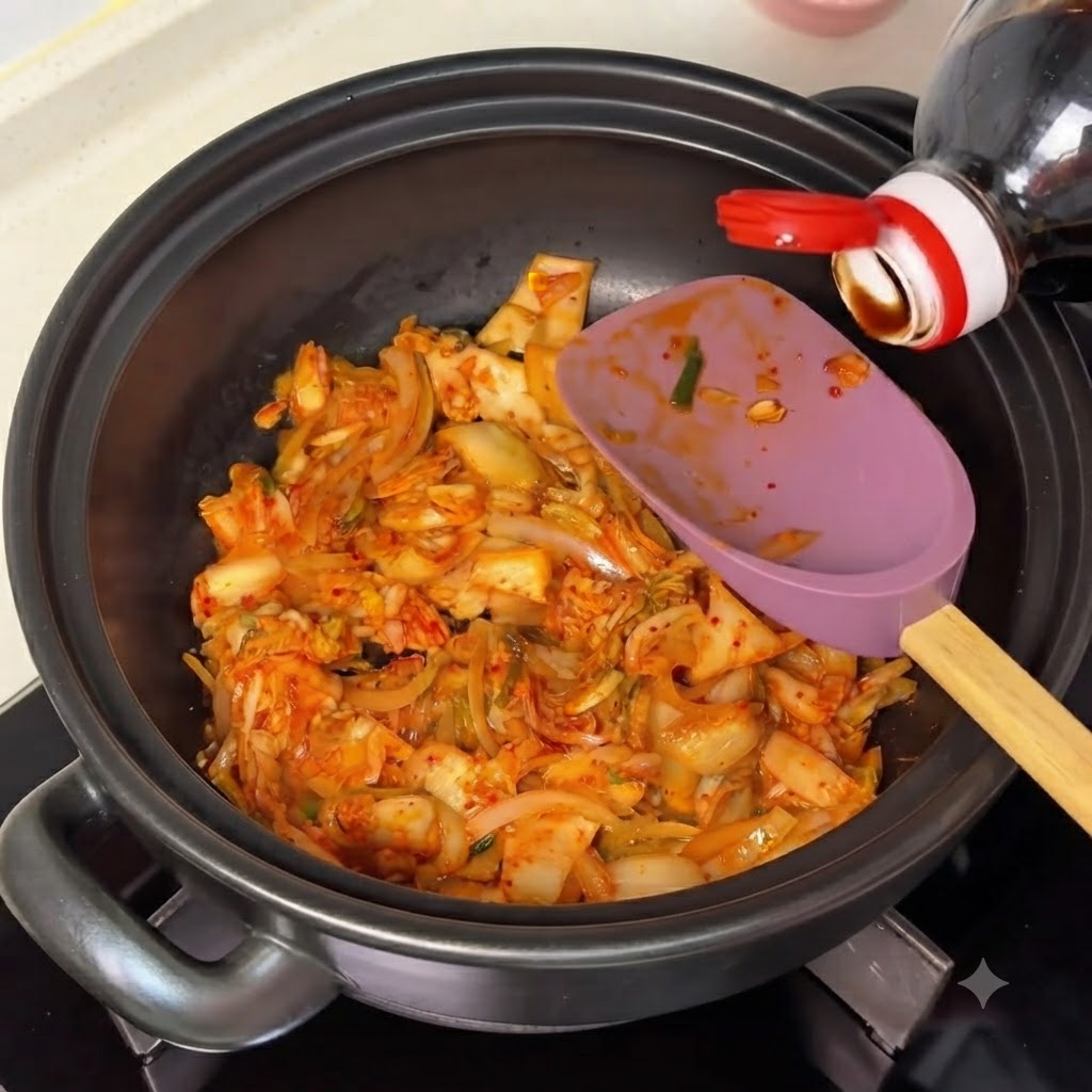 Sos sojowy wlewany z butelki do garnka z podsmażającym się kimchi i cebulą.