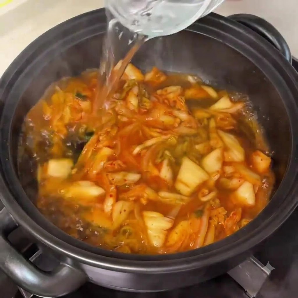 Czysta woda wlewana do garnka zawierającego ugotowane kimchi i cebulę.