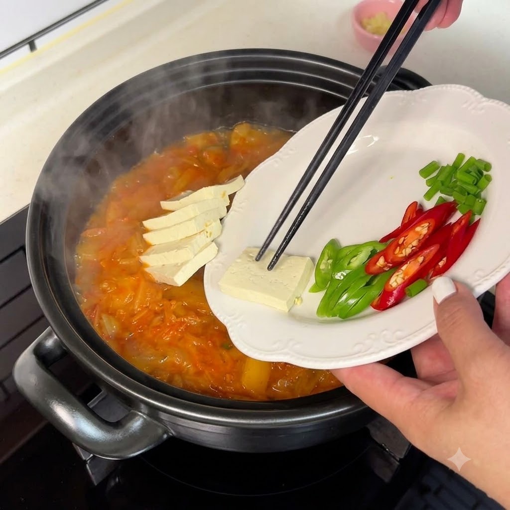Plastry miękkiego tofu i tuńczyk w puszce dodawane do wrzącego garnka z zupą kimchi za pomocą czarnych pałeczek.