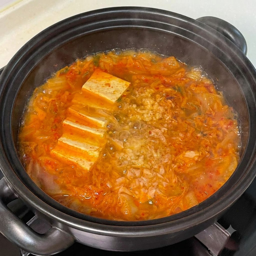 Łyżeczka proszku przyprawowego dodawana bezpośrednio do gotującej się czerwonej zupy kimchi.