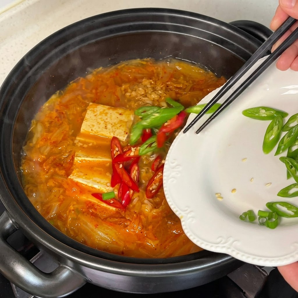 Pokrojone zielone i czerwone papryczki chili oraz posiekana zielona cebulka udekorowane na gotowej zupie kimchi z tuńczykiem.