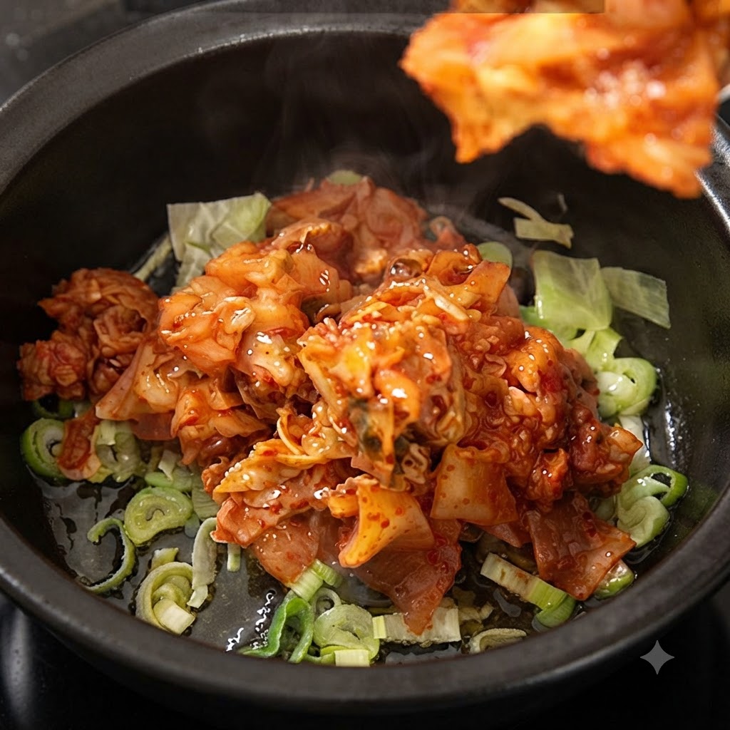Kawałki kimchi dodawane do garnka na zieloną cebulkę.