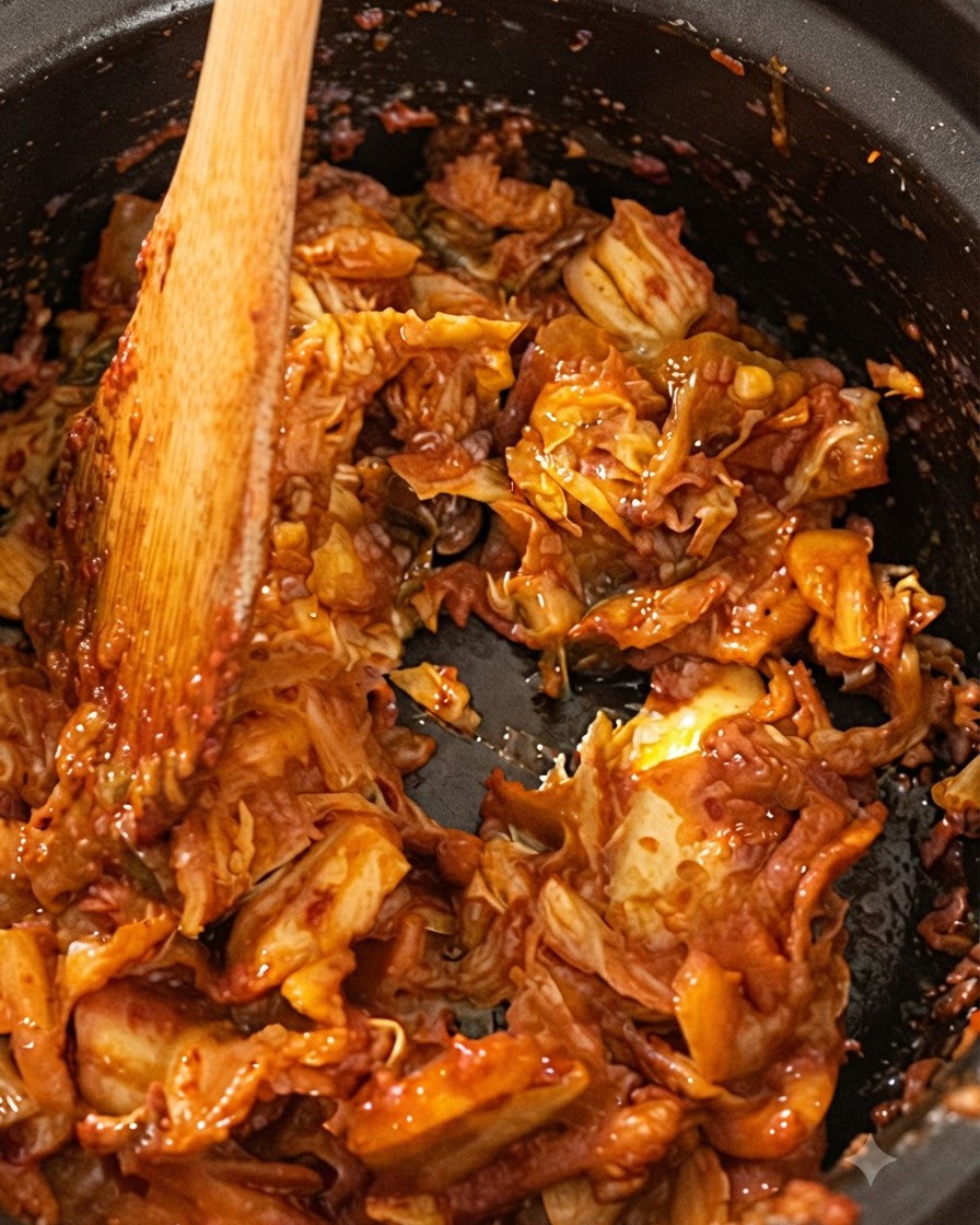 Drewniana łyżka mieszająca i podsmażająca kimchi w garnku do gotowania.