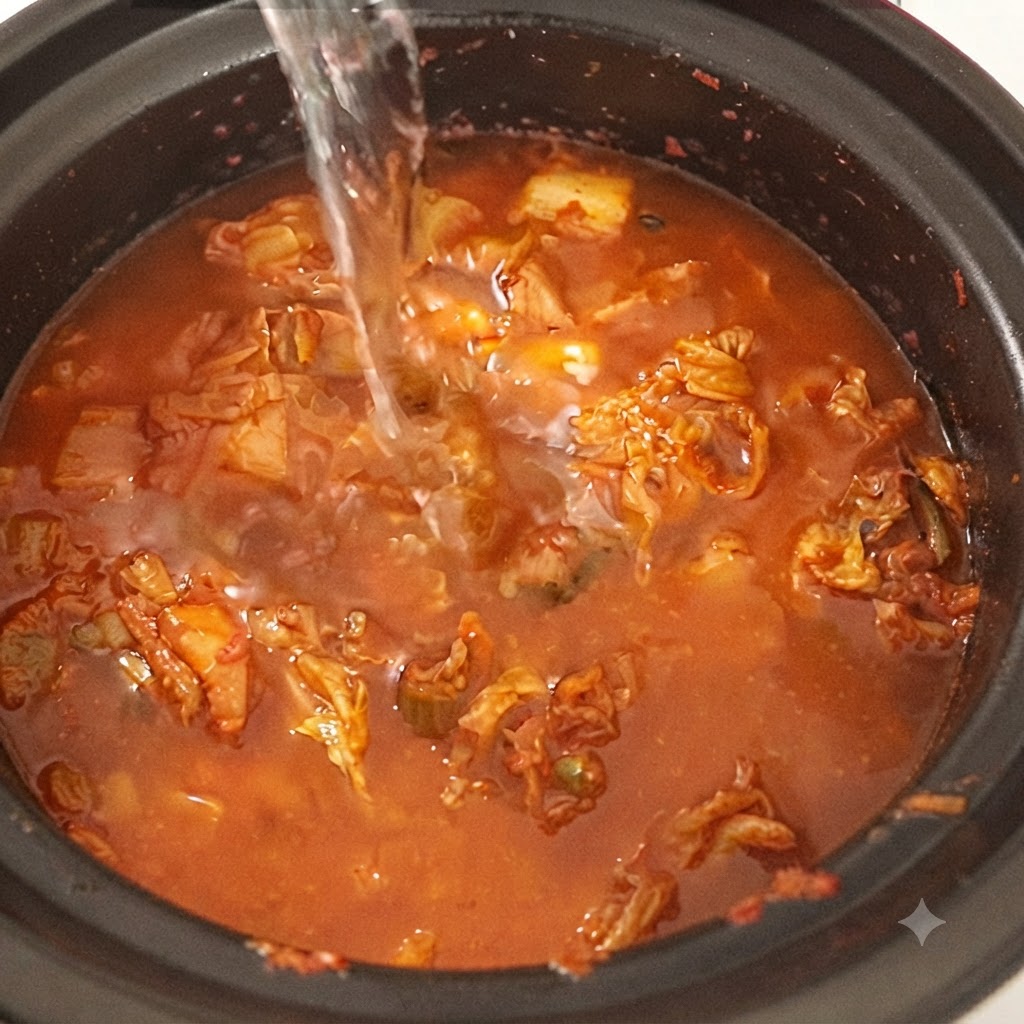 Woda wlewana z góry do garnka wypełnionego podsmażonym kimchi.