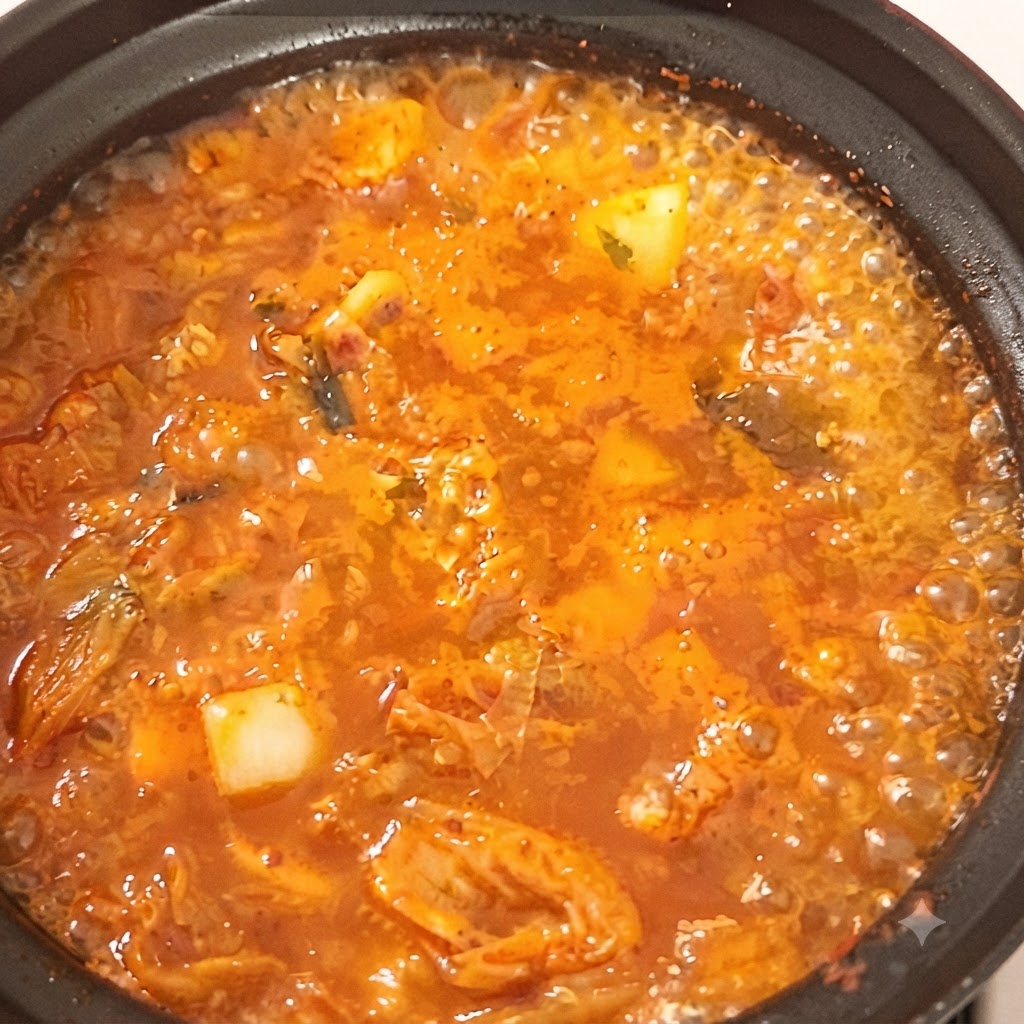 Łyżka bulionu drobiowego wlewana do bulgoczącego garnka z pikantnym czerwonym gulaszem z kimchi.