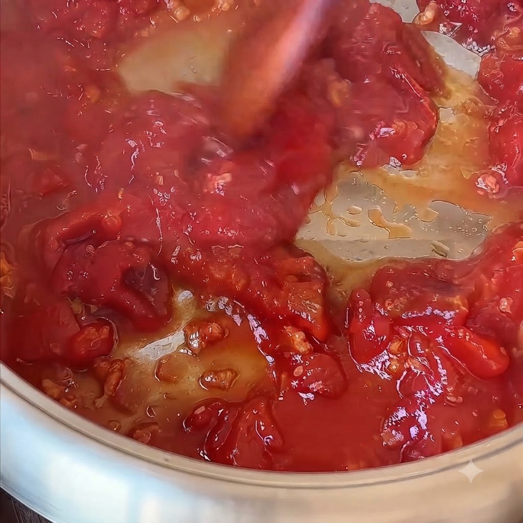 Wrząca woda wlewana z miarki do patelni wypełnionej rozgniecionymi czerwonimi pomidorami.