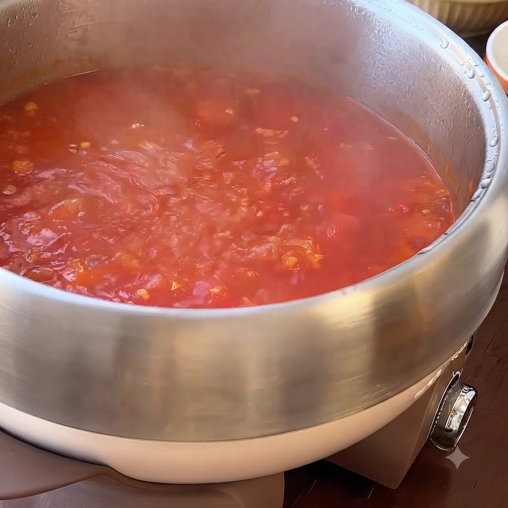 Bogaty czerwony bulion pomidorowy bulgoczący w garnku przed dodaniem kostek curry.