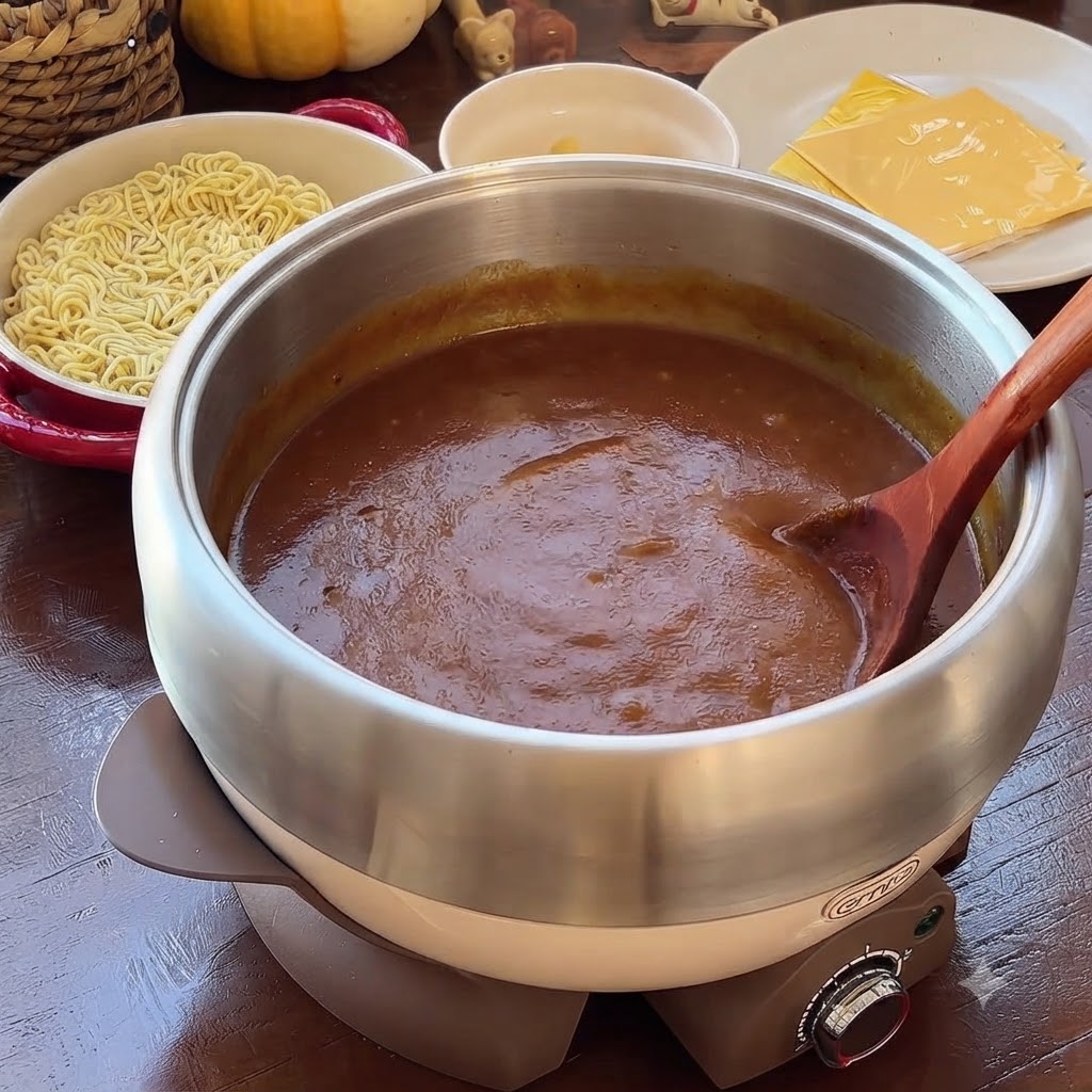 Gładka, brązowa baza zupy pomidorowo-curry mieszana drewnianą łyżką w garnku.