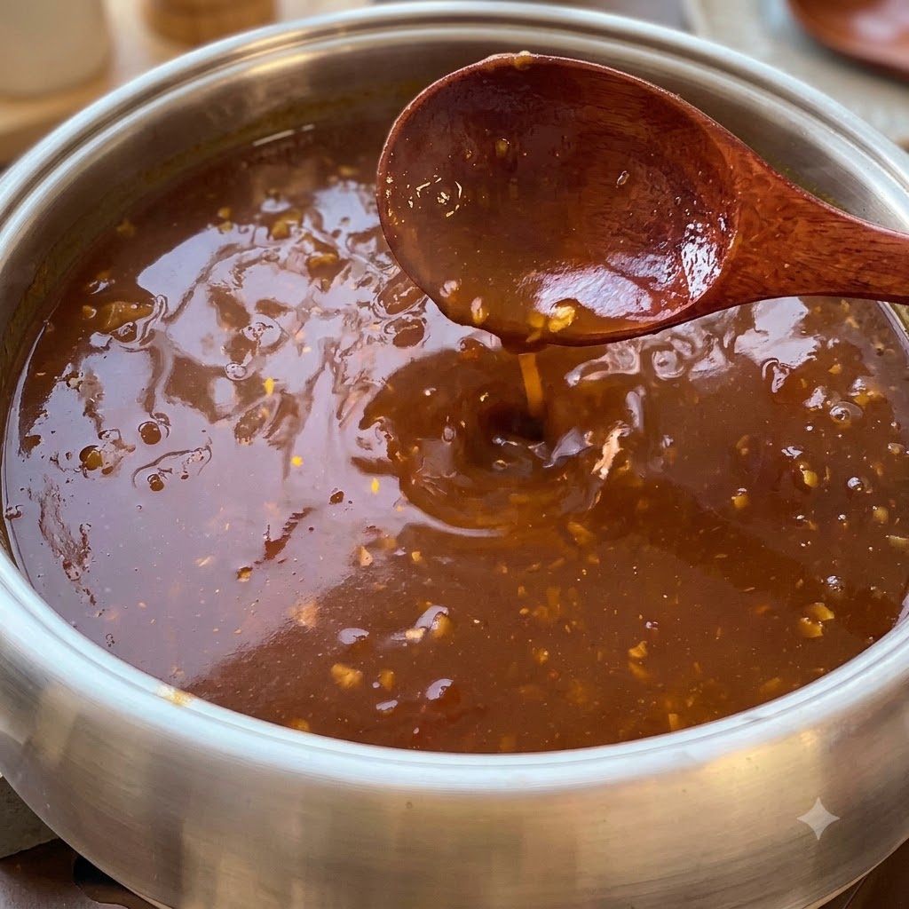 Kostka makaronu błyskawicznego gotująca się w bulgoczącym garnku gęstego, brązowego bulionu curry.