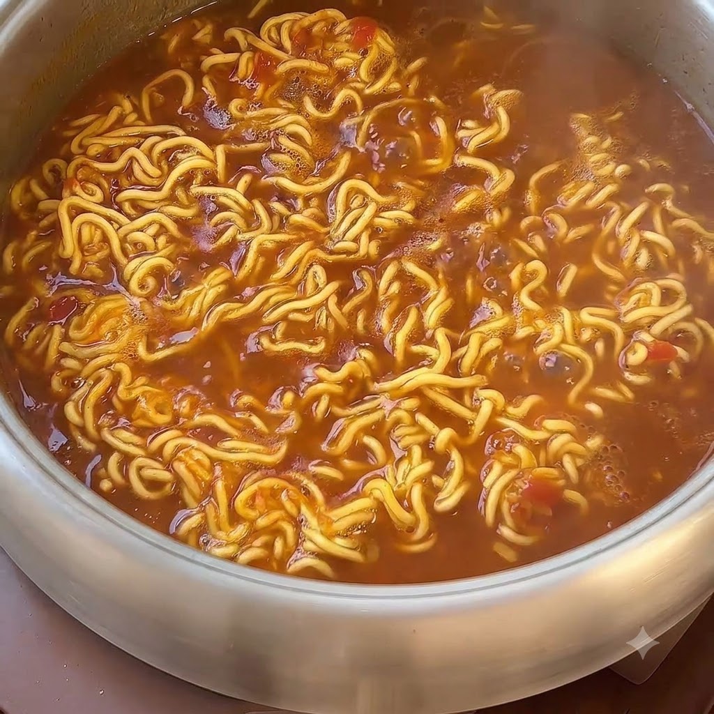 Dwa plastry żółtego sera spoczywające na wierzchu gotującego się makaronu w bulionie.