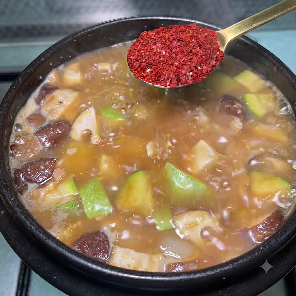 Złota łyżka wypełniona żywym czerwonym proszkiem chili trzymana nad garnkiem z gulaszem.