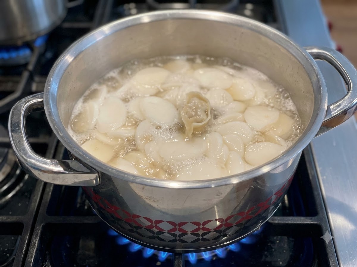 Pierożki wrzucane do garnka z wrzącą zupą ryżową na palniku kuchennym.