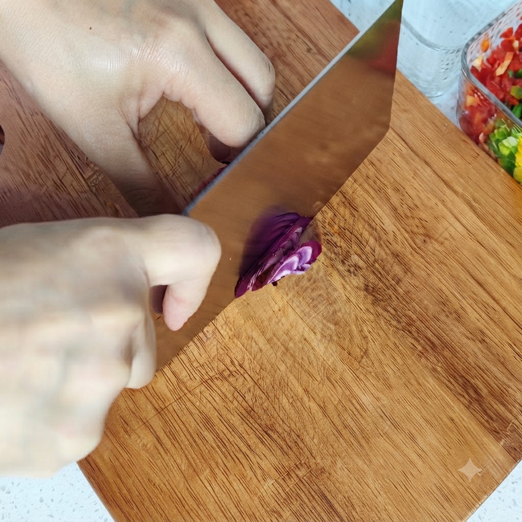 Krojenie czerwonej cebuli w drobną kostkę na drewnianej desce do krojenia.