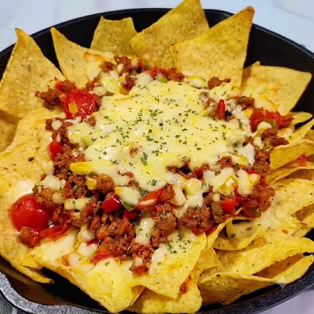 Chipsy tortilla ułożone równomiernie w czarnej żeliwnej patelni.
