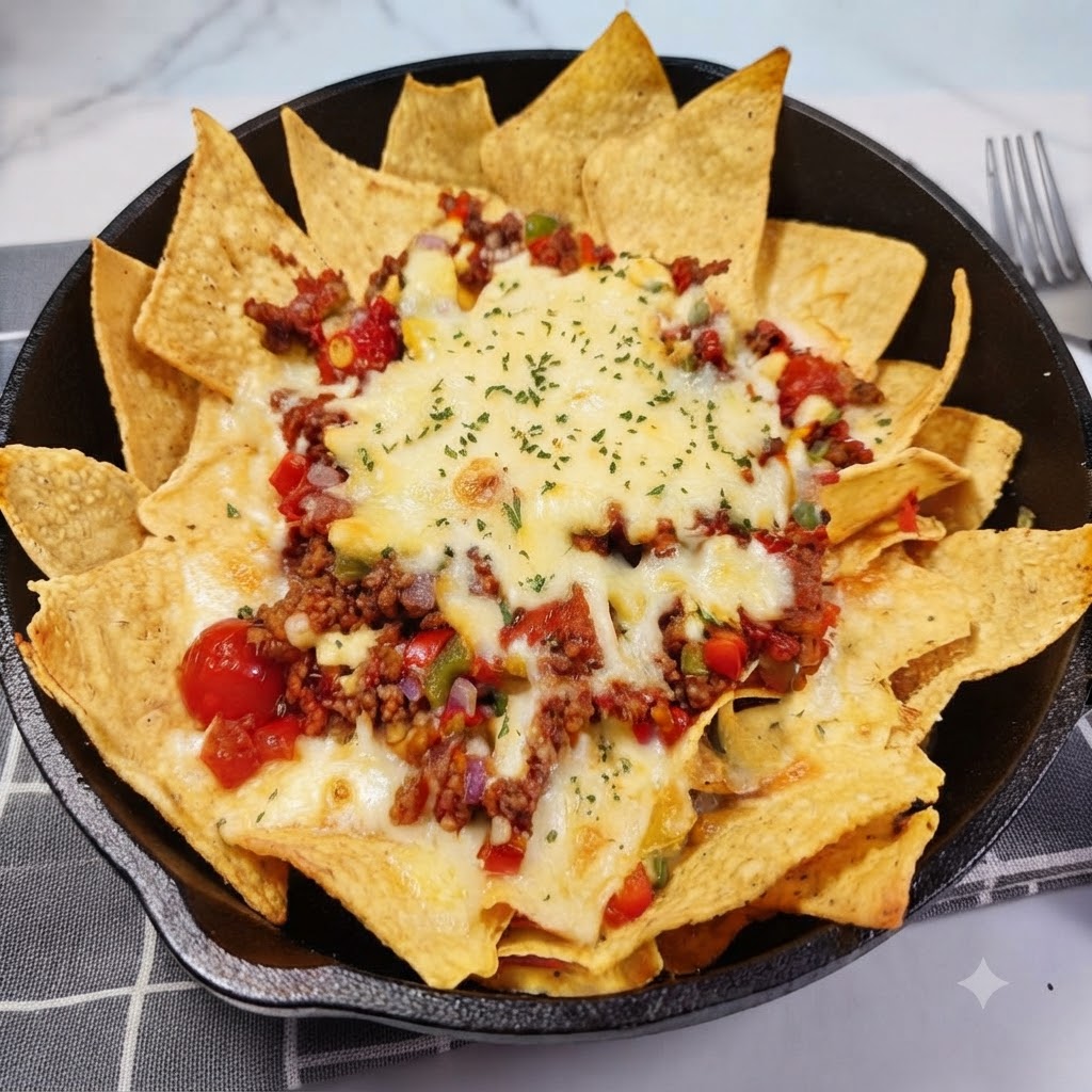 Ser mozzarella rozsypany na chipsach tortilla wewnątrz żeliwnej patelni.
