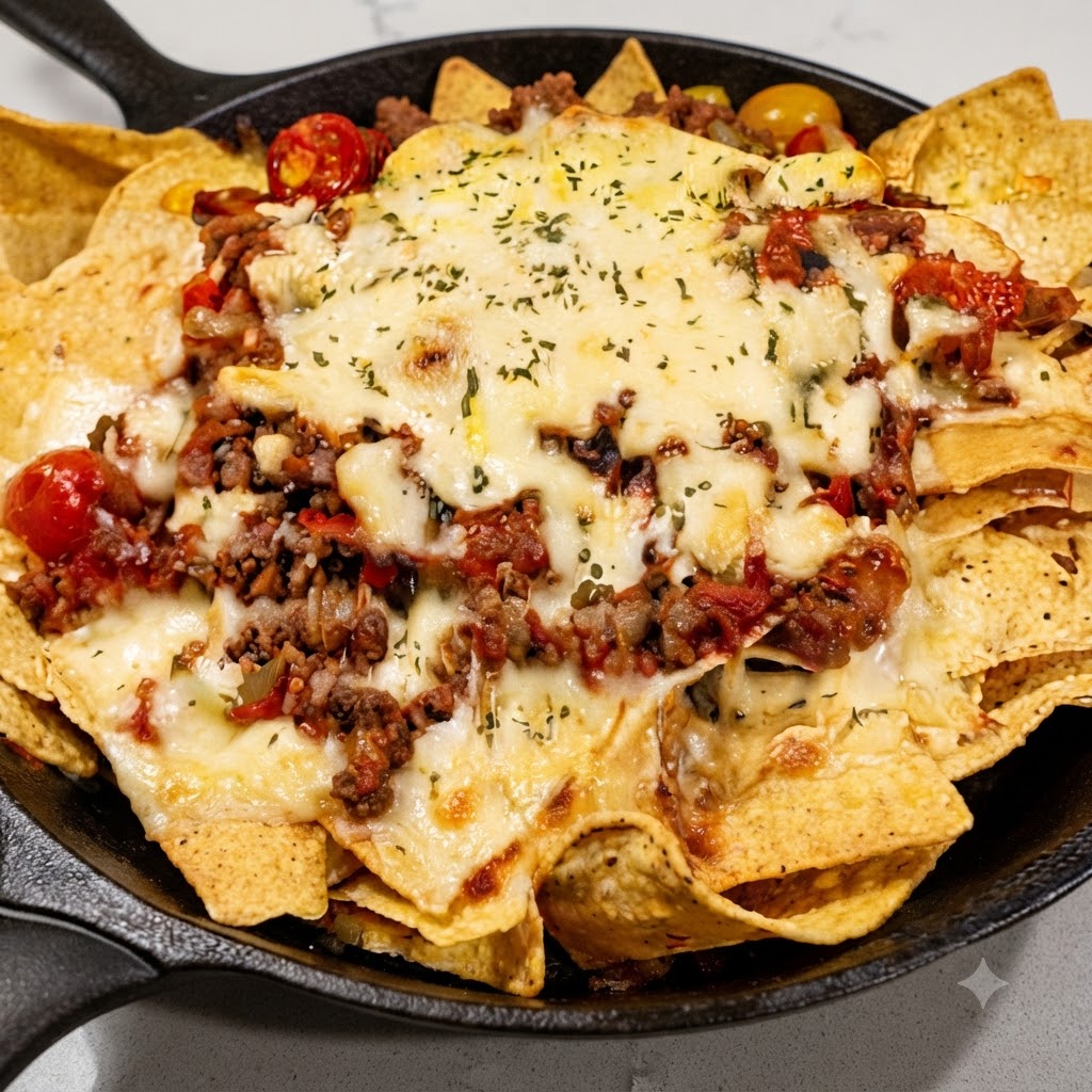 Ugotowany sos mięsny boloński nałożony hojnie łyżką na ser i chipsy tortilla.