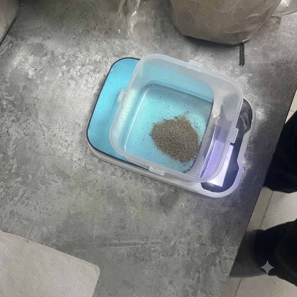Proszek z czarnego pieprzu w plastikowym pojemniku na cyfrowej wadze kuchennej.