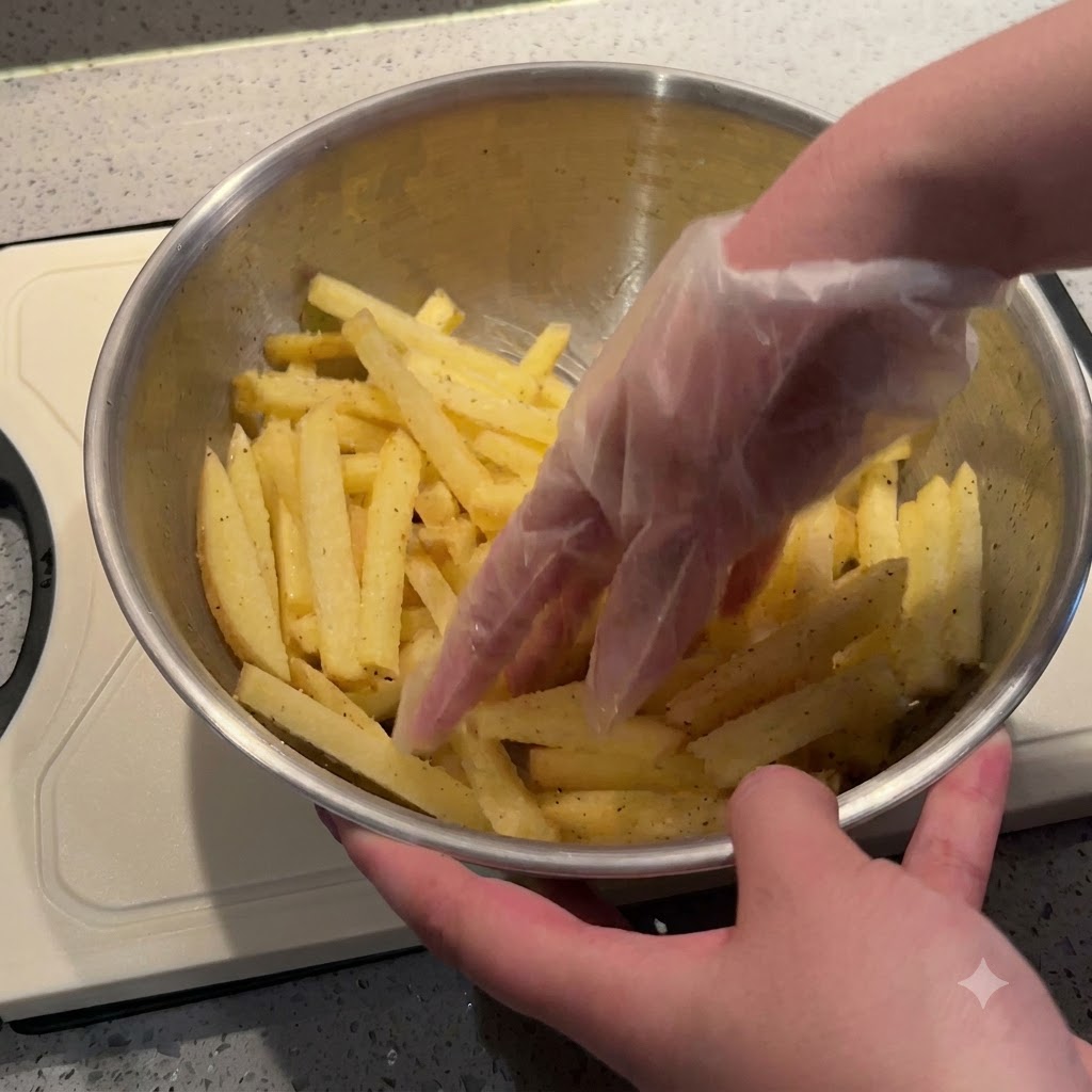 Doprawione słupki ziemniaków wkładane do miętowego kosza frytkownicy powietrznej.
