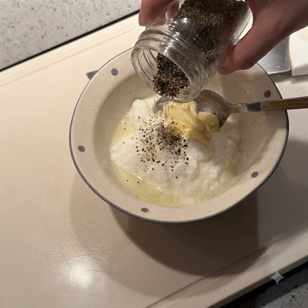 Czarny pieprz i inne składniki dodawane do miski z jogurtem i majonezem.