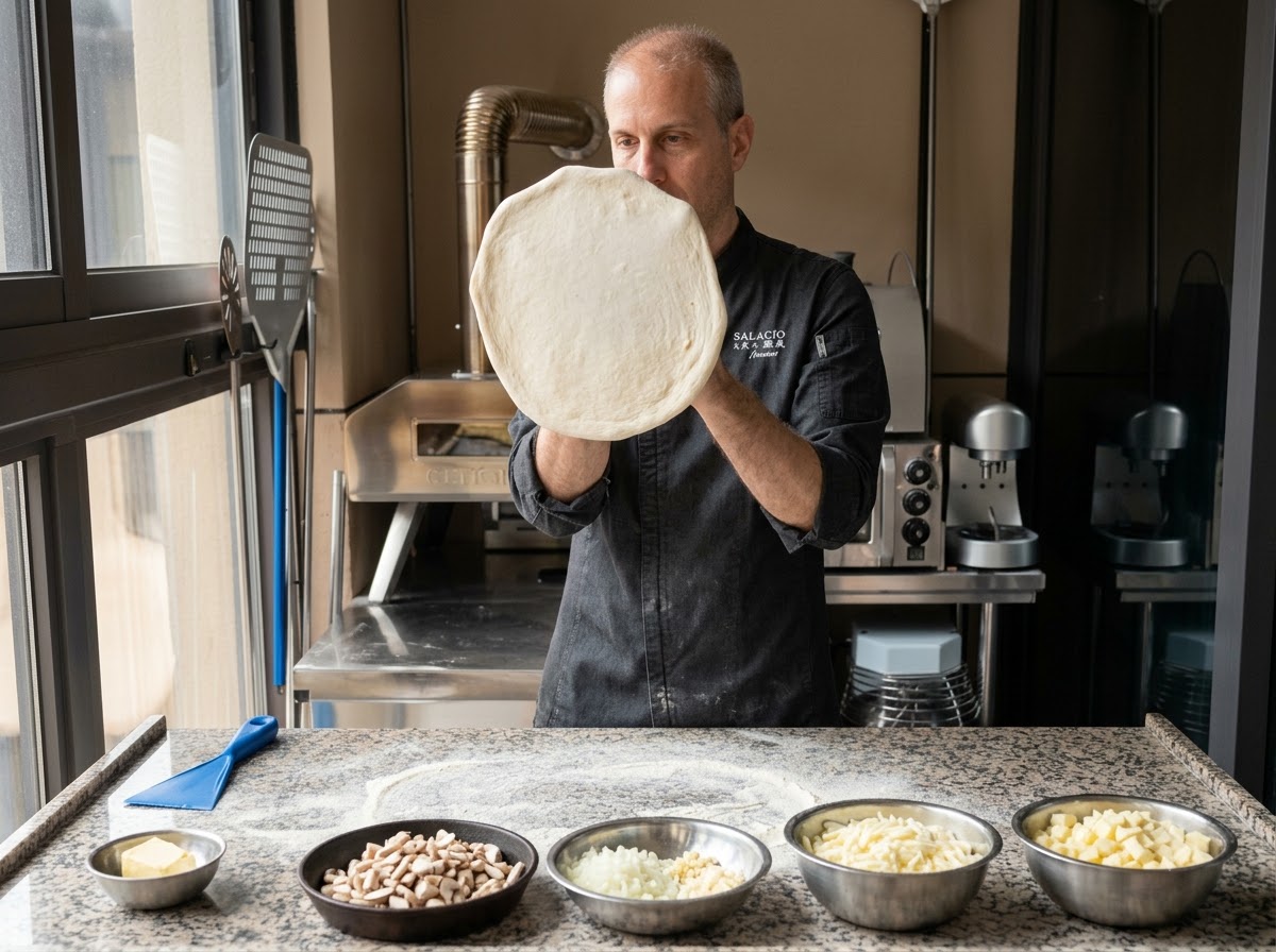 Szef kuchni trzymający w górze świeżo rozciągnięty, okrągły arkusz ciasta na pizzę.