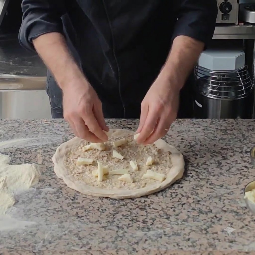 Kawałki mozzarelli i sera Comté rozsypywane na bazie sosu do pizzy na blacie.