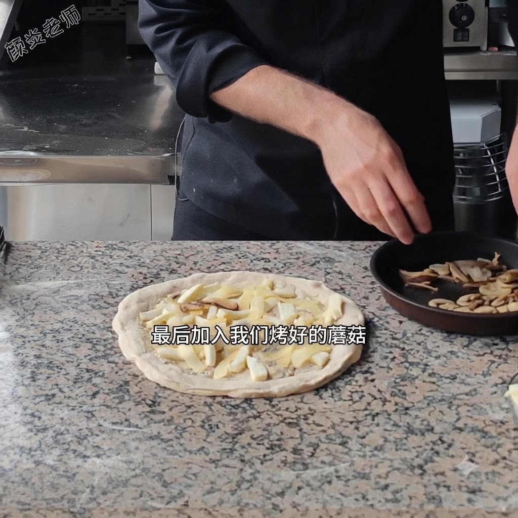 Pokrojone pieczone grzyby rozsypywane z patelni na warstwę sera na pizzy.