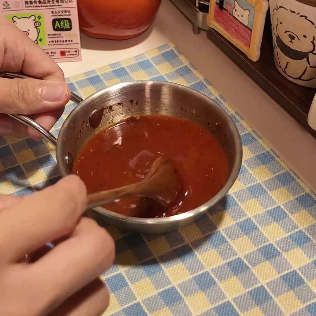 Metalowy pojemnik zawierający czerwonobrunatną mieszaninę sosu mieszaną małą drewnianą łyżką.