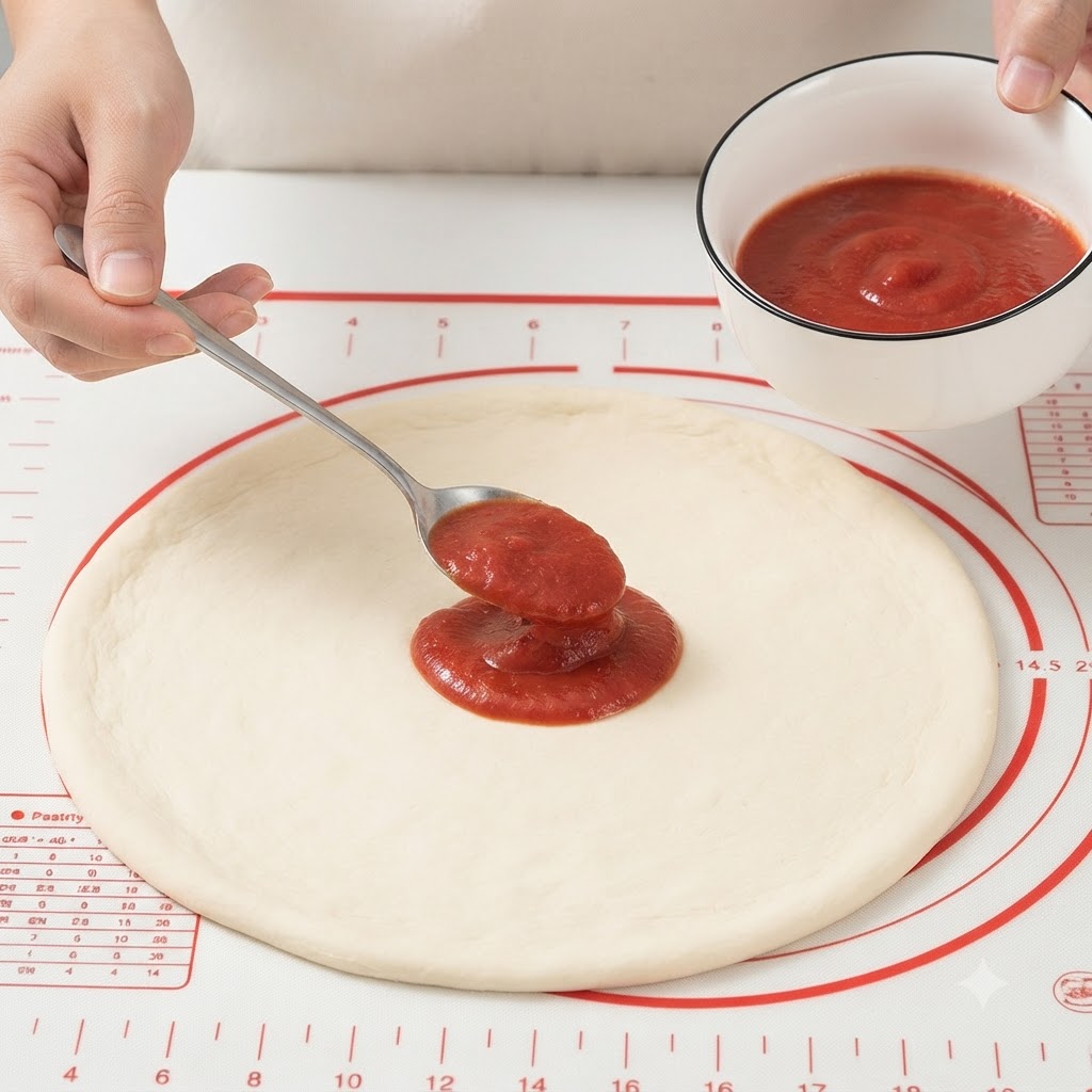 Łyżka rozprowadzająca czerwony sos pomidorowy na środku okrągłej bazy z ciasta do pizzy.