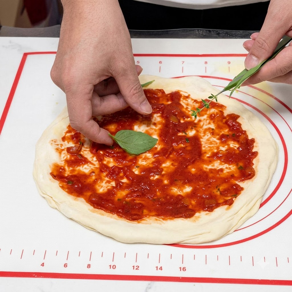 Ręce układające świeże zielone liście bazylii na czerwonym sosie pomidorowym na bazie pizzy.