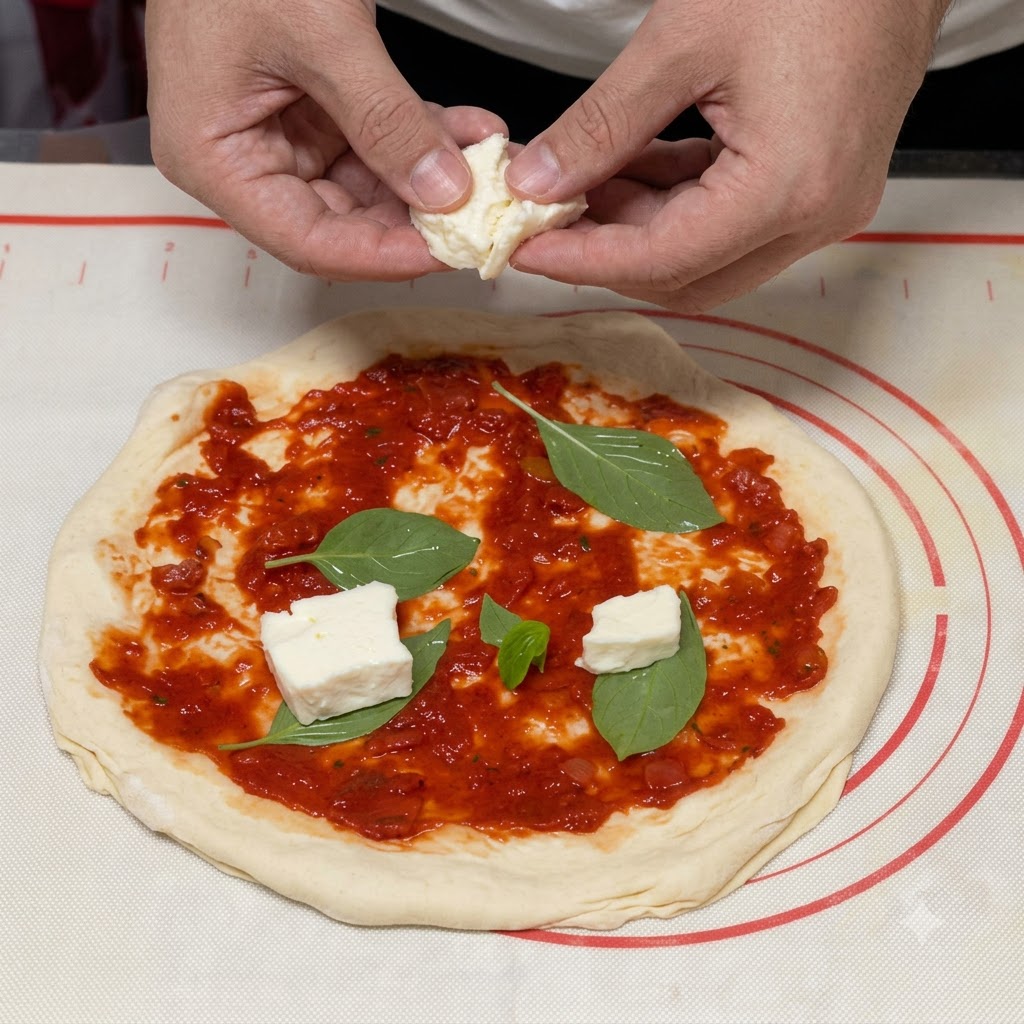 Ręce układające kawałki białego sera mozzarella na sosie pomidorowym i liściach bazylii.