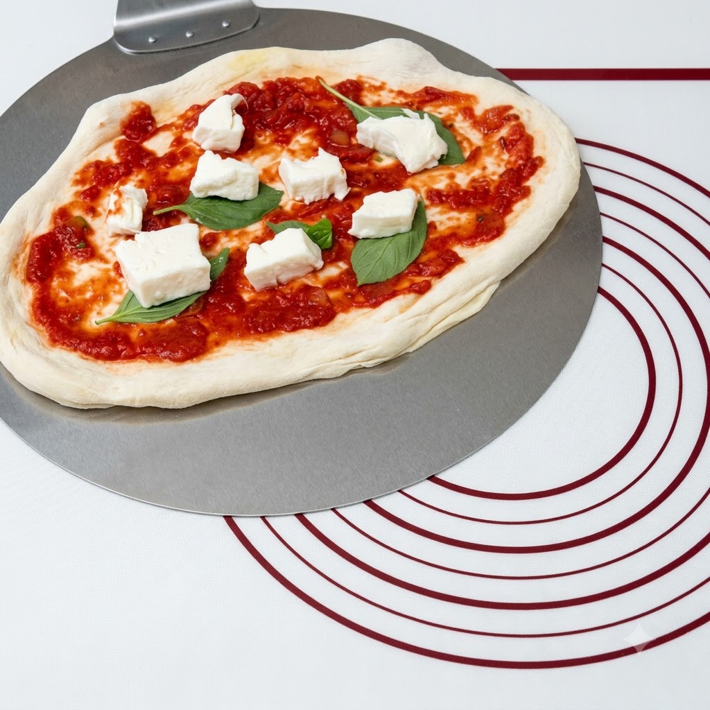 Ręce formujące i poprawiające podniesione brzegi ciasta na pizzę spoczywającego na metalowej łopacie.