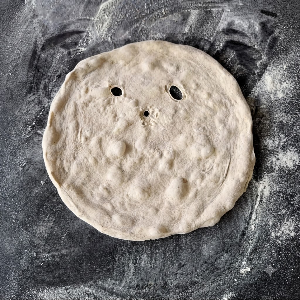 Okrągły kawałek surowego ciasta na pizzy leżący na ciemnej, oprószonej mąką powierzchni z kilkoma wyciętymi małymi okrągłymi otworami.