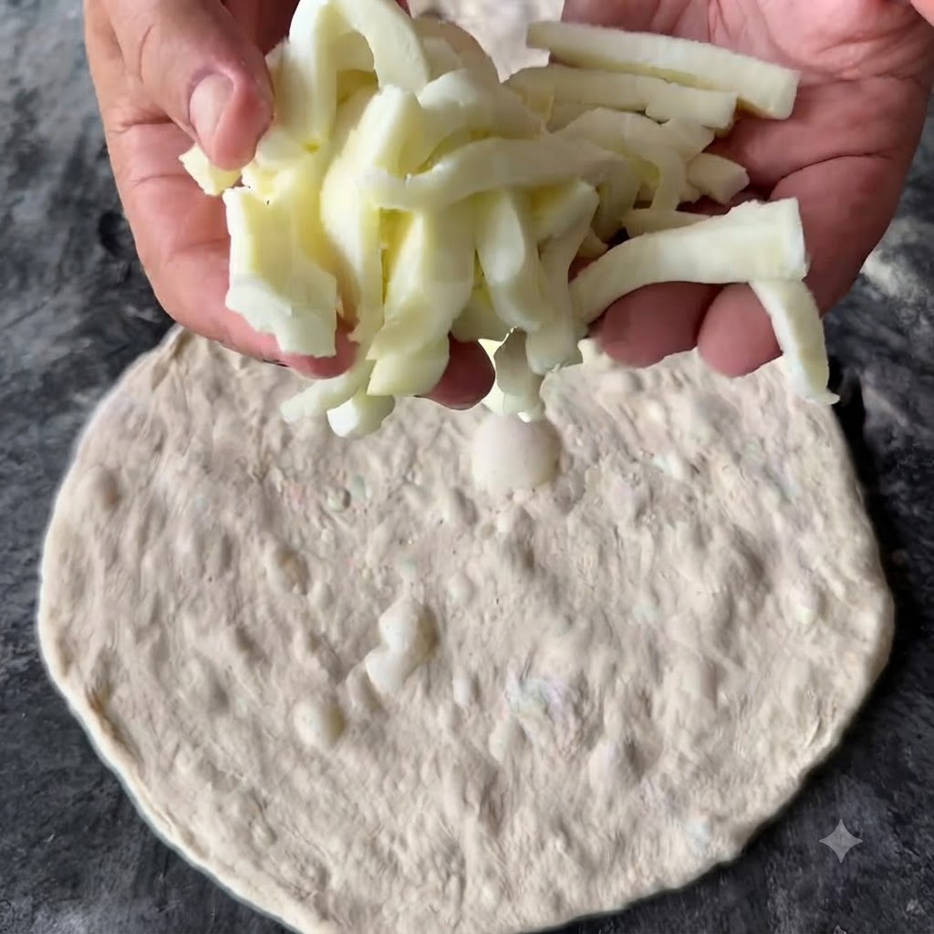 Ręce trzymające garść tartego białego sera bezpośrednio nad płaskim kołem surowego ciasta na pizzę.